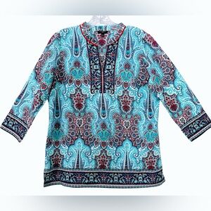 TALBOTS Petites Paisley Cotton Women's Tunic- Blue/Red | MP